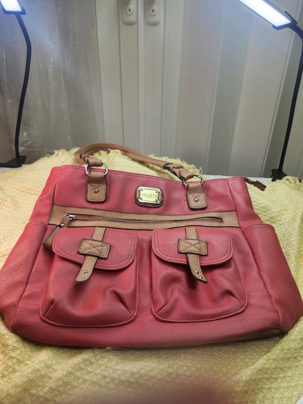 Coral Red Leather Shoulder Bag with Tan Trim - Branded Plaque Accent